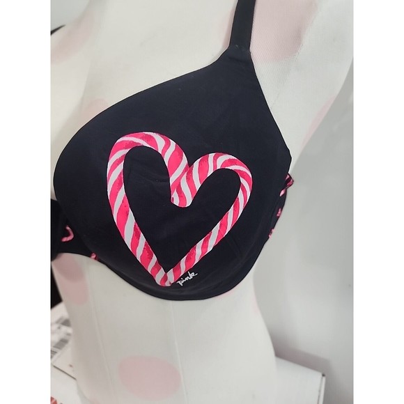 Victorias Secret PINK 36D Push Up Padded Bra Candy Cane Hearts Holiday Bra - Picture 3 of 9